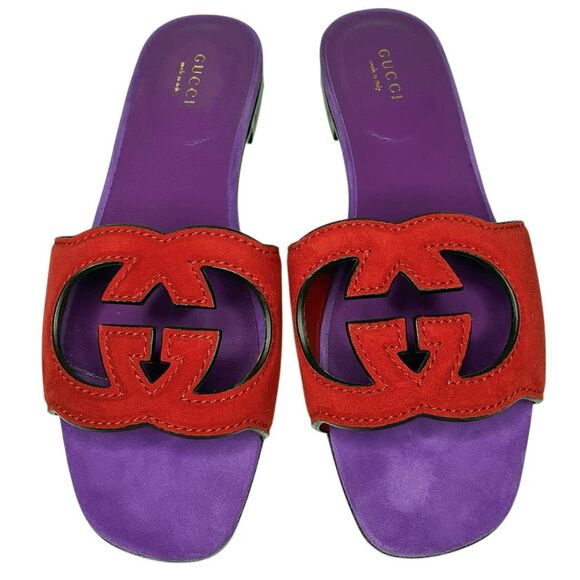 Gucci Kid Scamosciato Interlocking Double G Cut Out Slide Sandals 37.5 Suede - Picture 2 of 11